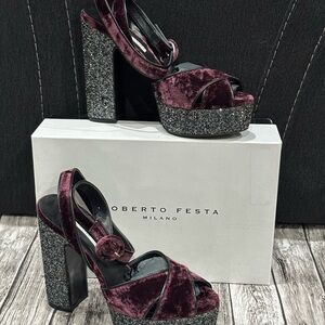 Roberto Festa Milano Glitter Trimmed Burgundy Velvet Leather Platform Sandals 40